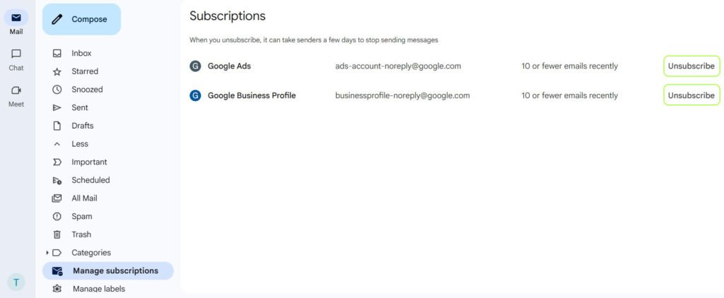 Gmail Manage Subscriptions List