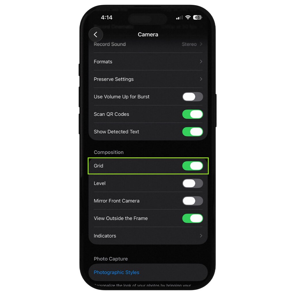 iPhone Camera Settings Grid