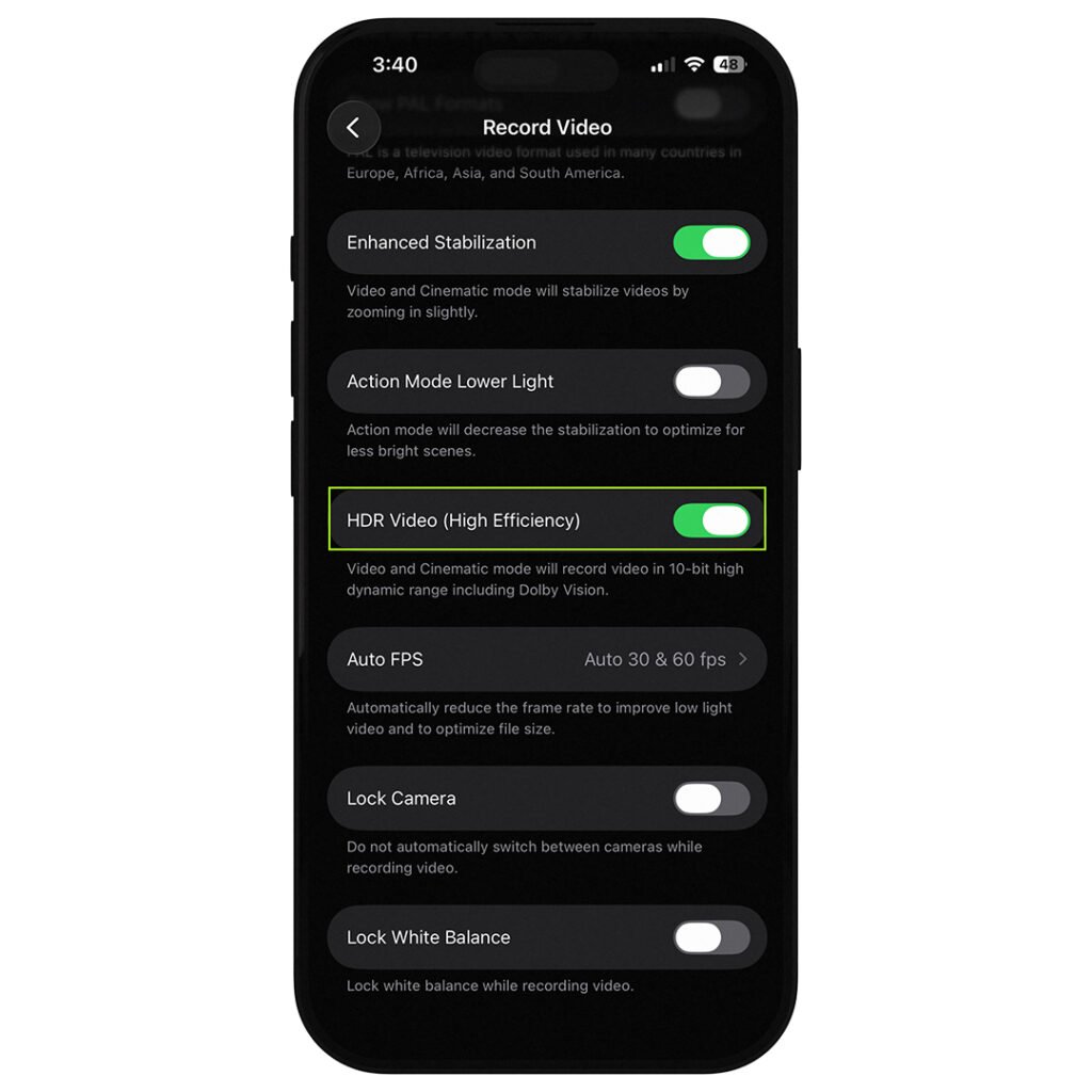 iPhone Camera Settings HDR Video