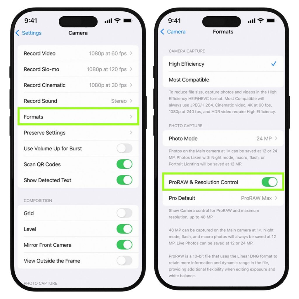 iPhone Camera Settings ProRAW