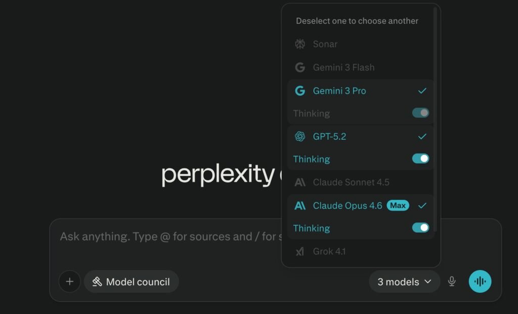 Perplexity Model Council Models Select