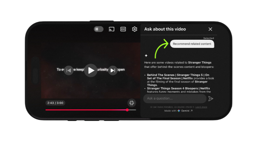 YouTube Recommend related content with Gemini