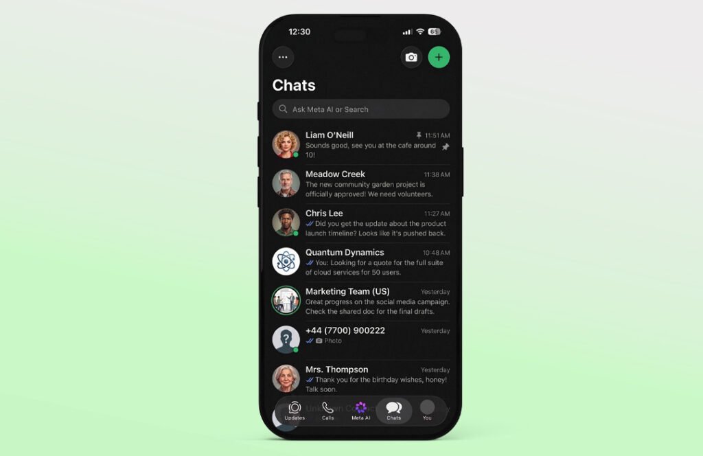 WhatsApp contact list online green dot